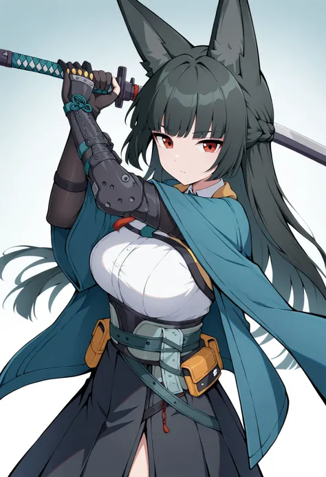 masterpiece, best quality, very aesthetic,
1girl, hoshimi miyabi, zenless zone zero, fox girl, for ears, black hair, long hair, red eyes, white shirt, jacket, black skirt, weapon, sword, katana, holding, holding sword, holding weapon, solo, looking at view...