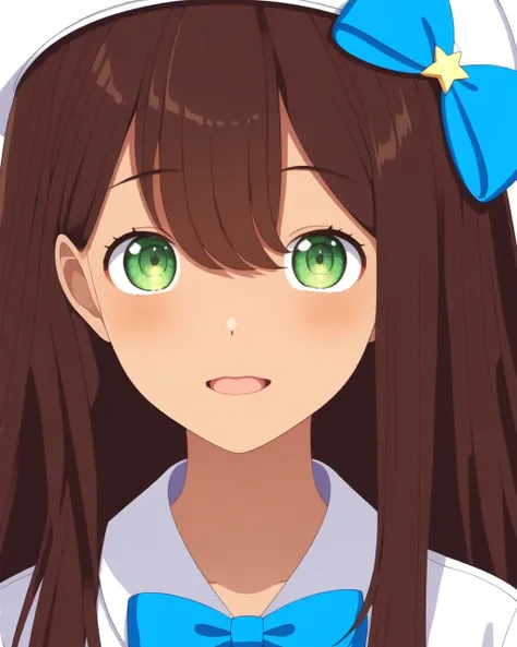 nyaru, bangs, blue bow, blush, brown hair, eyebrows visible through hair, green eyes, hat, long hair, virtual youtuber, white headwear,
 <lora:NYARU-XL-t2-000004:0.6>,, best quality, masterpiece, shading, ultra-detailed, flawless, (solo:1.1),
close up, por...