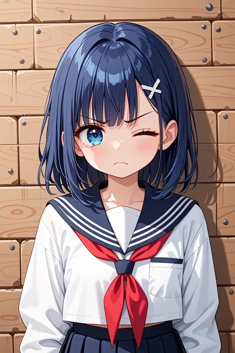 anime girl with blue eyes and a sailor outfit standing in front of a brick wall