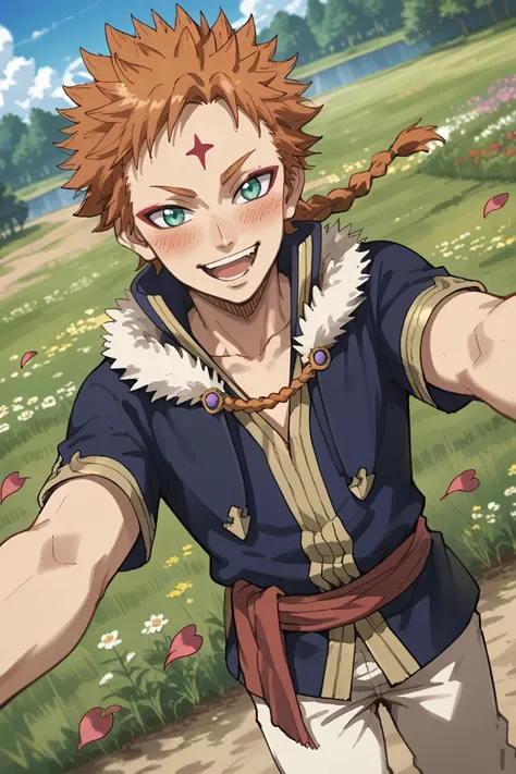 score_9, score_8_up, score_7_up, source_anime, rating_questionable, day, natural lighting, spring theme, flowers, petals, male focus, selfie, outstretched arms, smiling, blushing, TSLeopoldBC, red_TSLeopold_forehead mark, orange_TSLeopold_male hair, single...