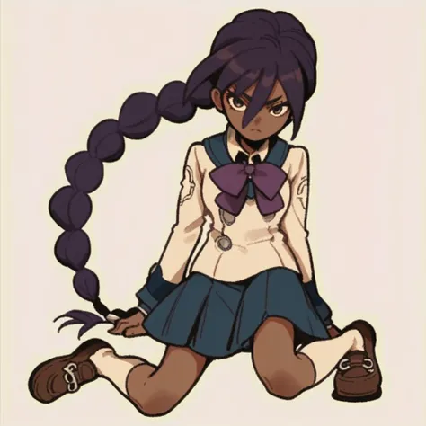 score_9, score_8_up, score_7_up, source_anime BREAK 1girl, solo, school uniform, braid, dark skin, long hair, dark-skinned female, skirt, single braid, purple hair, socks, kneehighs, full body