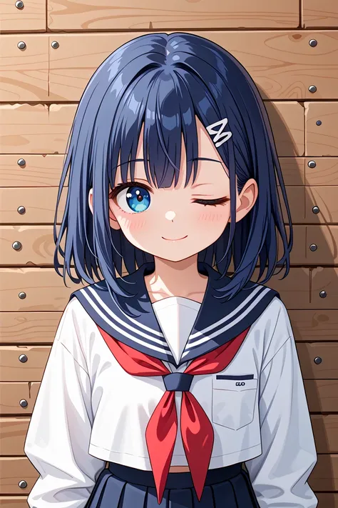 anime girl with blue eyes and a sailor outfit standing in front of a wooden wall