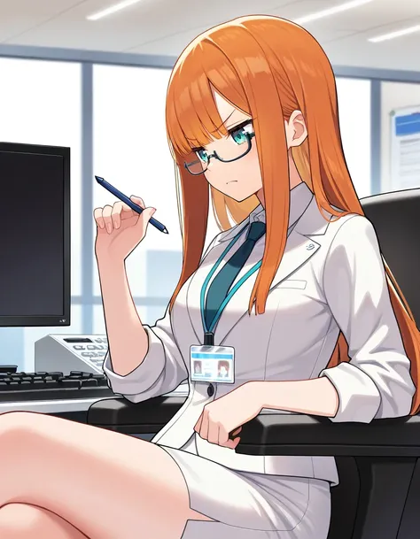 masterpiece, best quality,
office lady, solo, office, indoors, sitting, elbow rest, frown, angry, holding pencil, orange hair, a...