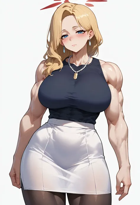 score_9,score_8_up,score_7_up, <lora:kurihama_akemi_blue_archive_pdxl_goofy:1>akemiBa,halo,blonde hair,grey eyees,muscular female, huge breasts, 1girl, arm at side, bare arms, bare shoulders, black pantyhose, black shirt, blush, breasts, closed mouth, cowb...