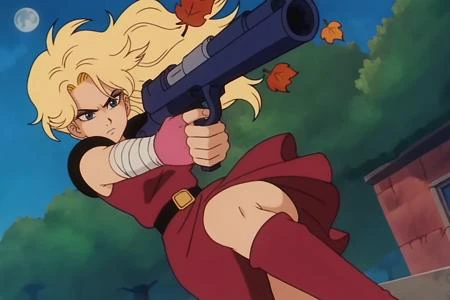 source_anime, score_9, score_8_up, score_7_up, anime screencap,
high quality, 8k, absurdres,
hasky, official style, blonde hair,  curly hair, blue eyes, makeup,
red sleeveless dress, knee up, white panties, bare shoulders, 
firing, ((aiming at another)), h...