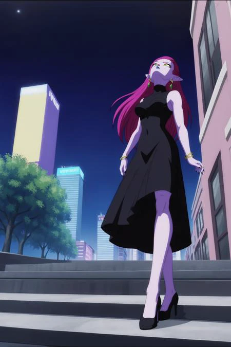 source_anime, score_9, score_8_up, score_7_up, anime screencap,
cocottedbs, purple skin, purple hair, yellow eyes, very long hair, earrings, medium breasts, lipstick, pointy ears, nail polish, 
city, building, night sky,star (sky),  joy, full body, walking...