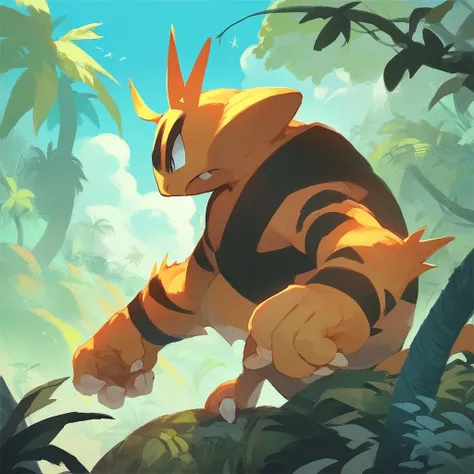 (source_anime, score_9, score_8_up, score_7_up:1), electabuzz, looking to the side, outdoors, jungle