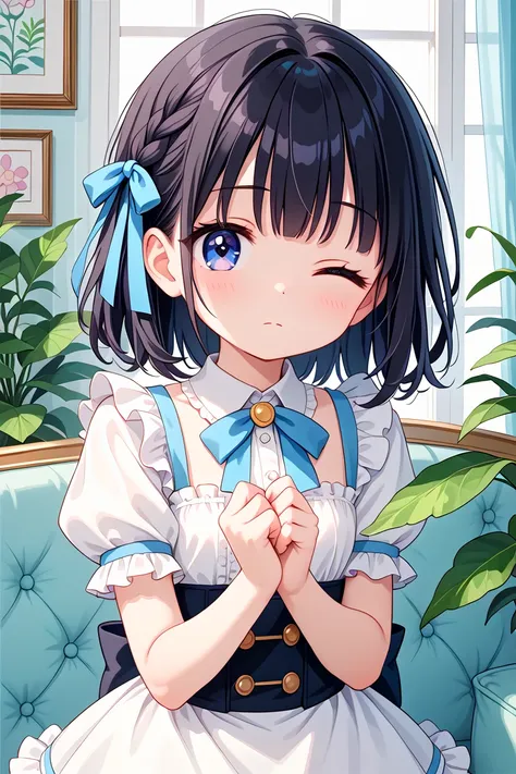 anime girl in a white dress with blue bows and a blue bow