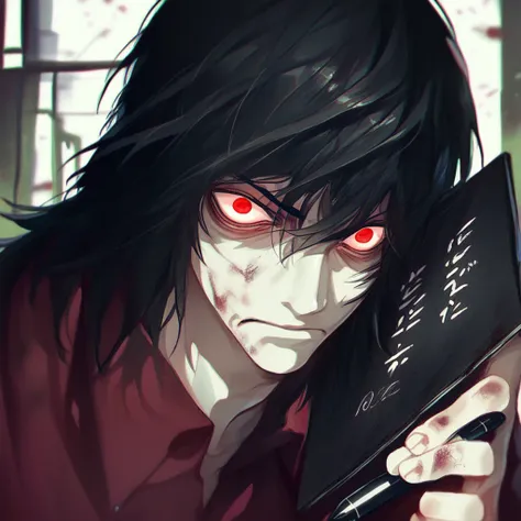 Teru Mikami, 1boy, solo, long hair, black hair, red eyes, red shirt, red eyes, holding notebook, pen, writing, scary face, looking at you, score_9, score_8_up, score_7_up