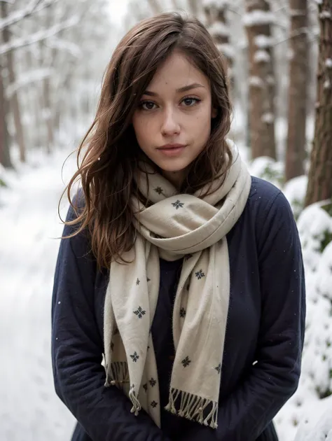 <lora:Actress_LaureFalesse_v1:1> la8fa, 1girl, solo, long hair, very long hair, upper body, outdoors, shirt, long sleeve, scarf, depth of field, blurry background, snow, freckles, curly hair, realistic, winter