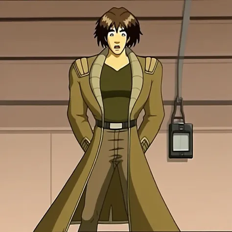 coat, shirt, t-shirt, brown hair, belt, pants, male focus