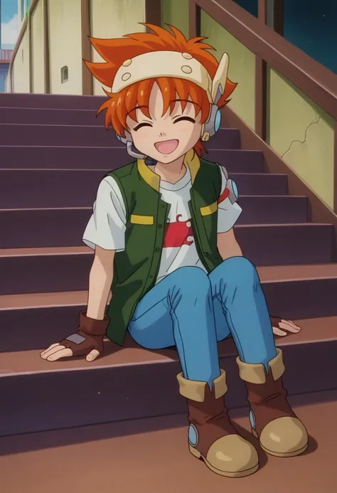 score_9, score_7_up, source_anime, 
kanipa, 1boy, male focus, solo, closed eyes, orange hair, short hair, headset, shirt, t-shirt, white shirt, short sleeves, jacket, sleeveless jacket, green jacket, gloves, fingerless gloves, brown gloves, jeans, boots, a...