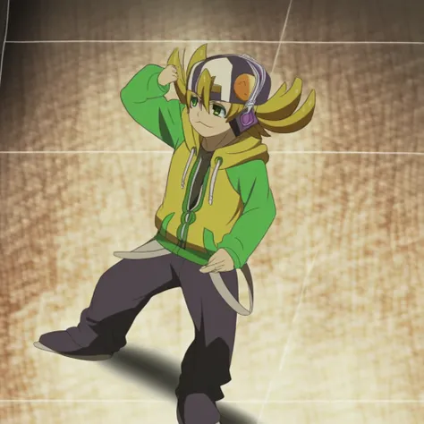 hoodie, male, male focus, pants, jacket, tetsuya kurodake, hood, headphones, blonde hair, solo, green eyes, blond hair