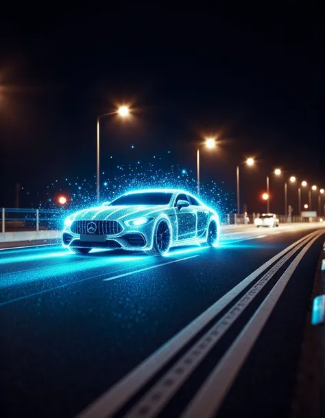 <lora:Glowing__Light_Particles_Flux_v2-000005:1>,glowinglora,light particles,this image features a glowing car on the highway at night