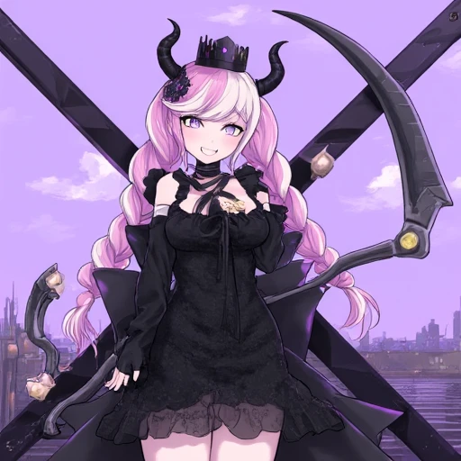 Shinigami wearing a black, lacey, sleeveless dress with ruffles on the collar and at the hem. The dress features a gold X-shape pattern on the chest with a button in the center. She is wearing a crown on her head, and has a black flower hairpin pinned to h...