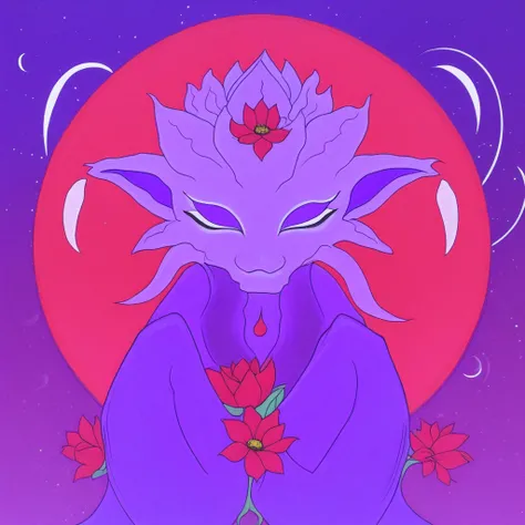 halo, lotus, red theme, closed mouth, purple eyes, boots, red flower, crescent moon, red eyes