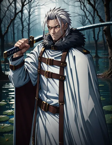 masterpiece, best quality, ultra-detailed, 1boy, solo, mature male, <lora:Orsted_IllustriousXL:0.8>, orst3d, white hair, facial mark, glowing eyes, yellow eyes, eyebrow raise, looking at viewer, white coat, fur-trimmed coat, (cloak:0.8), cape, cowboy shot,...