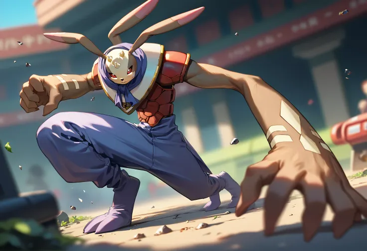 anime character with rabbit ears and purple pants crouching down