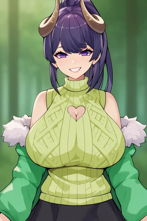 score_9, score_8_up, score_7_up, score_6_up, BREAK, GumiChanVTXL, purple eyes, purple hair, ponytail, short hair, sidelocks, bangs, horns, huge breasts, green jacket, fur trim, cleavage cutout, heart cutout, green sweater, sleeveless sweater, black skirt, ...