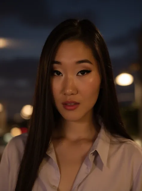 portrait of k4t4n4 woman, posing on a office at night, serene and warm, natural lighting, soft focus, high-resolution, elegant and introspective atmosphere, quiet sophistication, wearing a shirt