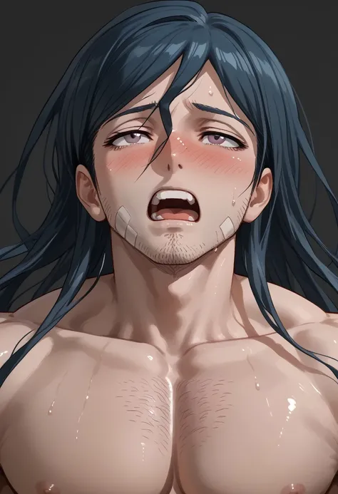 Haiji towa, Male, blue hair, long hair, dull purple eyes, facial hair, arm cast, bandages, band-aid on face, muscular, nude, moaning, blushing intensely, portrait, big pecs, sweating intensely, rough, chest hair, bara, portrait, cropped under chest, extrem...