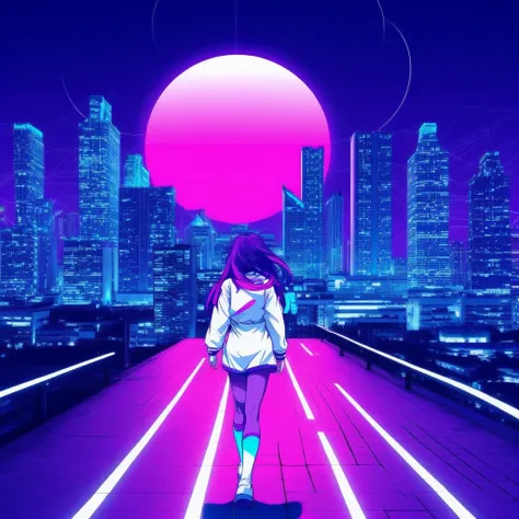 vaporwave colors,dark theme,neon colors,1girl,uniform,city background,city landscape,white moon,neon pink,neon magenta,neon purple,cyan