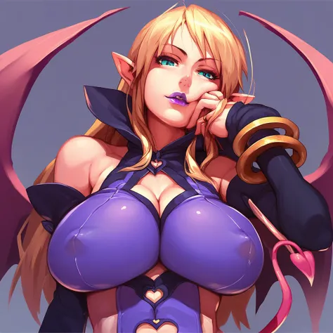 Score_9, score_8_up, score_7_up, best quality,  Mercelida Ygvar, 1girl, solo, demon girl, demon wings, demon tail, upper body, leotard, bridal gauntlets, looking at viewer, large breasts, covered nipples, hand on cheek, full lips, purple lipstick, half-lid...