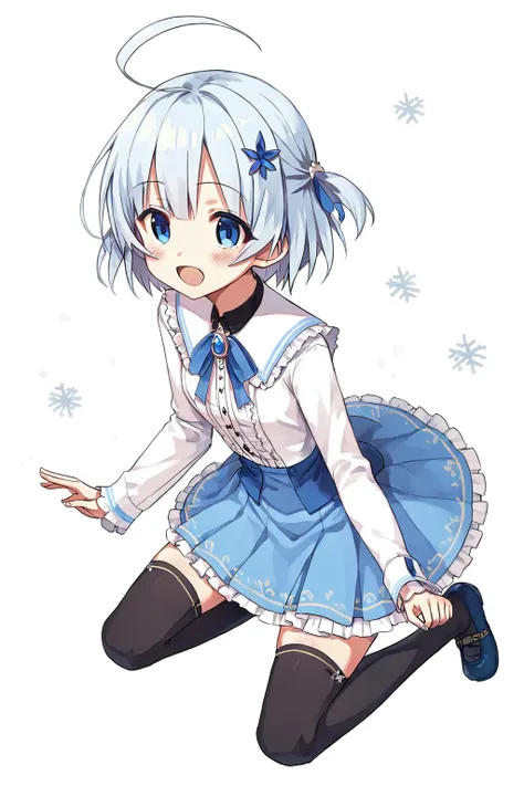 score_9,score_8,1girl,<lora:CURA:0.7>,tina howard,thighhighs,black thighhighs,blue eyes,ahoge,blue footwear,shirt,white background,long sleeves,white shirt,hair ornament,shoes,blue hair,skirt,ribbon,blue skirt,short hair,bangs,frills,snowflake hair ornamen...