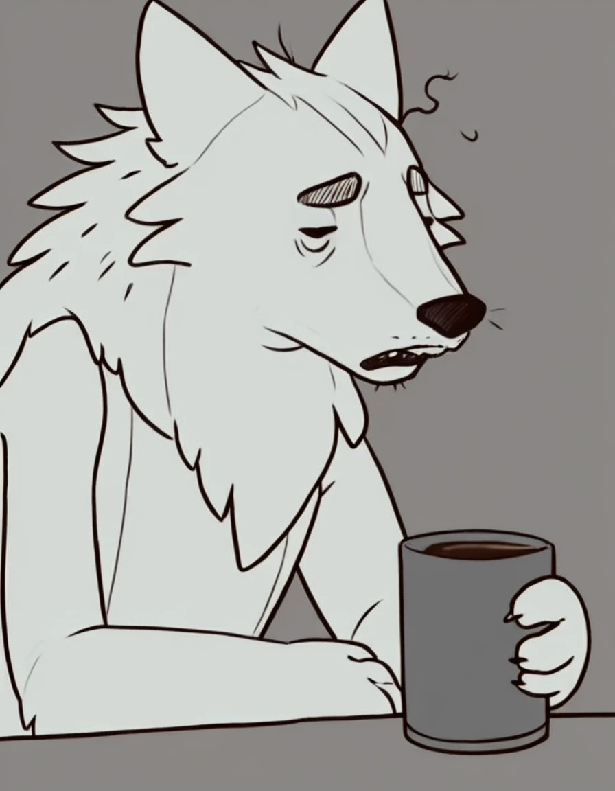 furry wolf,  holding a coffee mug, stand, just woke up, tired, messy hair,
source_furry,
 <lora:GrayCove:1>, score_9, score_8_up, score_7_up, score_6_up, score_5_up,