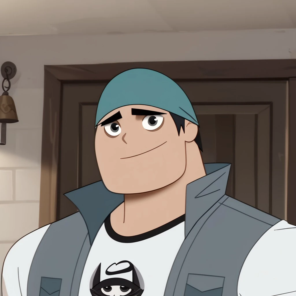 score_9, score_8_up, score_7_up BREAK BiffyD, 1boy, short black hair, black eyes, dark green brimless cap, open sleeveless gray jacket, short-sleeved white shirt with black accents, face view, face closeup, male, male focus, solo focus, alone, screenshot, ...