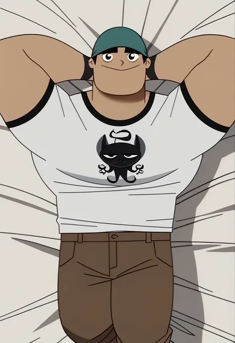 score_9, score_8_up, score_7_up BREAK BiffyD, 1boy, short black hair, black eyes, dark green brimless cap, short-sleeved white shirt with black accents, black wristbands, brown pants, white socks, male, male focus, solo focus, alone, full body, screenshot,...