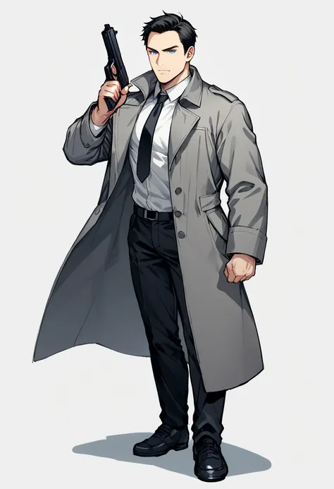 score_9, score_8, score_7, (white background :1.4), sketch, 1man mature, blue eyes, black trenchcoat, grey coat, black tie, white shirt, black pants, black shoes, irritated, hold a gun, aiming the viewer