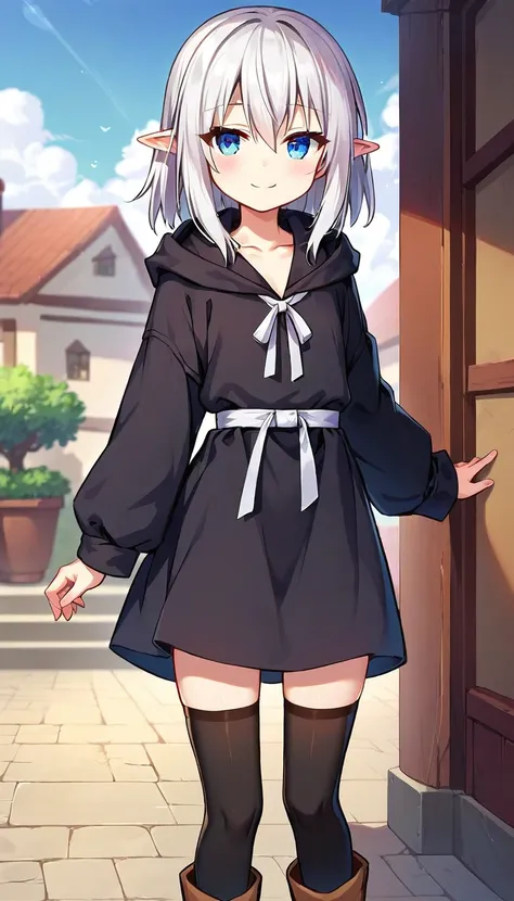 score_9,score_8_up,score_7_up,score_6_up BREAK official art,solo,outdoors,cowboy shot,looking at viewer,facing viewer,smile,blush,Death God,medium hair,white hair,pointy ears,sidelocks,hair between eyes,bangs,blue eyes,black robe,hooded robe,neck ribbon,fl...