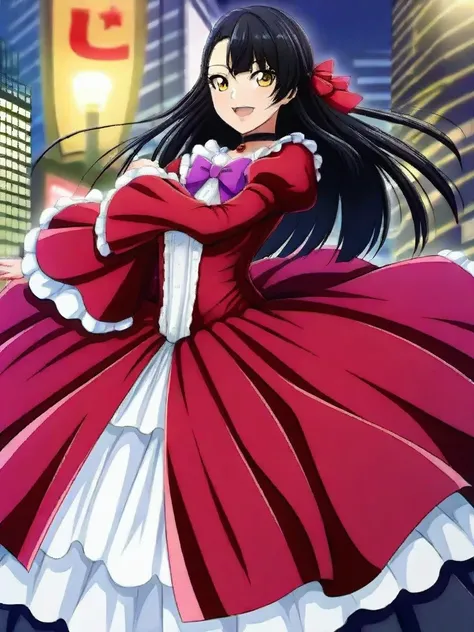 masterpeace,
from side, standing
 <lora:Wi_Ali_241107326:1>Wi_Ali,1girl,solo, red dress, long hair, black hair, purple bow, purple bowtie, bow, long sleeves, long dress,  wide sleeves, frills,  ribbon, hair ribbon, yellow eyes, bowtie, bangs, braid, choker...