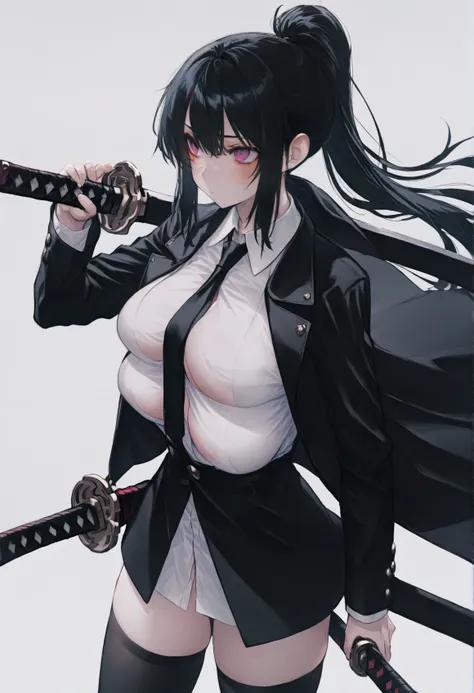 many breasts, 1girl, breasts,sword, weapon, katana, necktie, holding, holding sword, long hair, shirt, holding weapon, black hai...