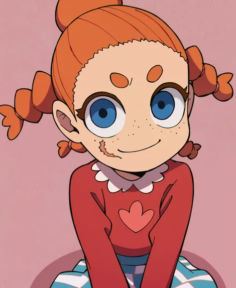 score_9, score_8_up, score_7_up, score_6_up,score_5_up,score_4_up,source_anime, BREAK,1girl,  <lora:Mukai:0.9>, ginger hair, freckles,  smirk,  blue eyes, single scar on the cheek, red sweater, skirt, looking at viewer, solo,