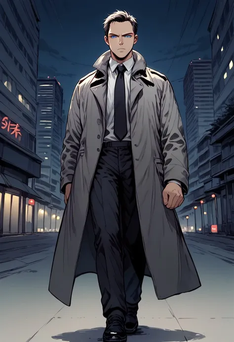 score_9, score_8, score_7,  sinozick style, (city background), night, dramatic light, sketch, 1man, walking, mature, blue eyes, black trenchcoat, grey coat, black tie, white shirt, black pants, black shoes, irritated, hold a gun, ((close-up))