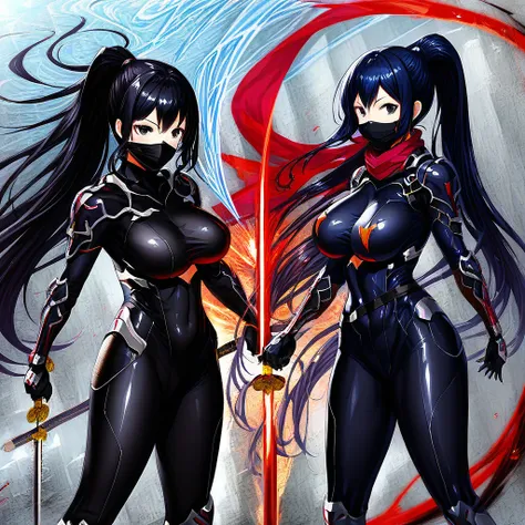 rinko, long hair, ponytail, black hair, black eyes, make up, black bodysuit, gloves, arm guards, shoulder armor, ninja mask, mouth mask, ninja boots, holding sword