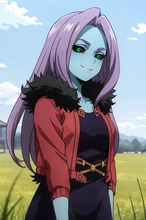 masterpiece, best quality,
1girl,  chitosekizuki, colored sclera, green eyes, purple hair, long hair, 
colored skin, blue skin,
red jacket, fur trim, black dress, open jacket,
upper body, smile, solo, looking at viewer, blue sky, grass, meadow background <...