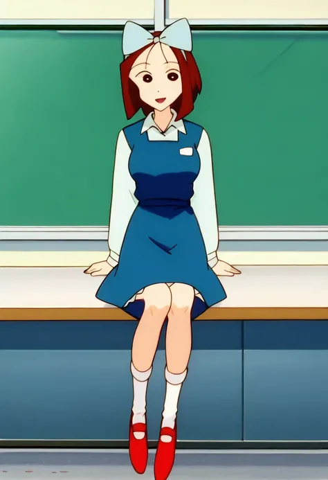 score_9, score_8_up, score_7_up, best quality, masterpiece, anime screencap, anime coloring, 1girl, solo, looking at viewer, BREAK, shiwasu marie, 1girl, bow, hair bow, dress, sitting, shoes, blue dress, brown hair, short hair, red hair, long sleeves, sock...