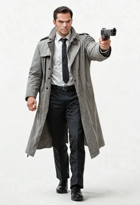 score_9, score_8, score_7, (white background :1.4), sketch, 1man mature, blue eyes, black trenchcoat, grey coat, black tie, white shirt, black pants, black shoes, irritated, hold a gun, aiming the viewer