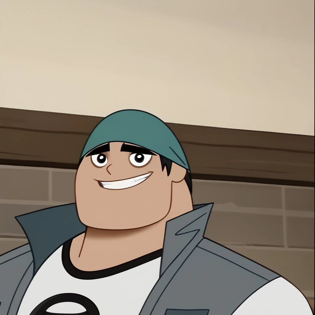 score_9, score_8_up, score_7_up BREAK BiffyD, 1boy, short black hair, black eyes, dark green brimless cap, open sleeveless gray jacket, short-sleeved white shirt with black accents, face view, face closeup, male, male focus, solo focus, alone, screenshot, ...