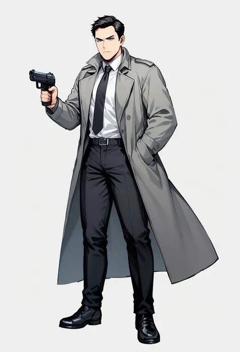 score_9, score_8, score_7, (white background :1.4), sketch, 1man mature, blue eyes, black trenchcoat, grey coat, black tie, white shirt, black pants, black shoes, irritated, hold a gun, aiming the viewer