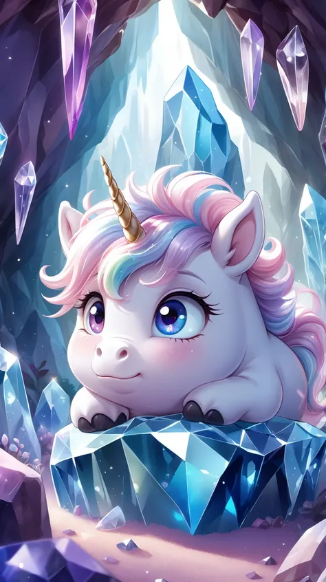 a picture of a of a small fat fluffy Unicorn, whose fur is decorated with small polished crystals, which looks out curiously between two huge crystals, it holds on to the large crystals and leans forward slightly to take a close look at its surroundings, i...