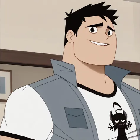 score_9, score_8_up, score_7_up BREAK BiffyD, 1boy, short black hair, black eyes, open sleeveless gray jacket, short-sleeved white shirt with black accents, face view, face closeup, male, male focus, solo focus, alone, screenshot, official art, parody, car...