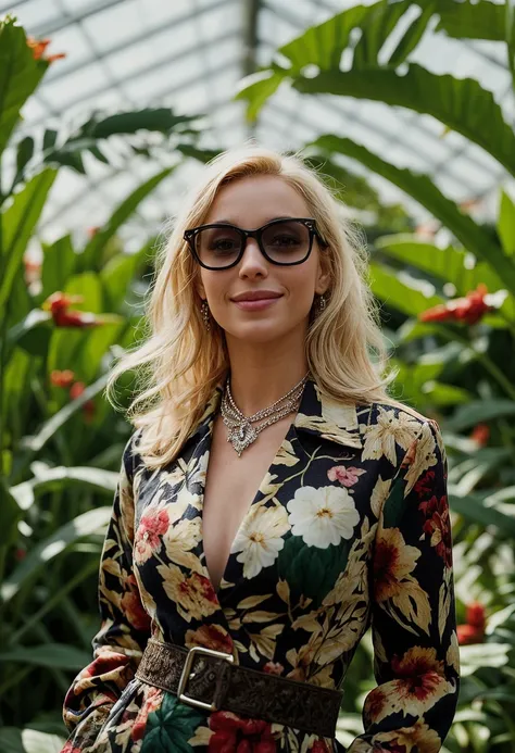 cinematic photo Blond woman poses amidst lush tropical greenery and exotic flowers, radiant in an eclectic Gucci outfit with bold prints and textures. Oversized sunglasses and chunky jewelry accentuate her features as soft natural light filters through the...