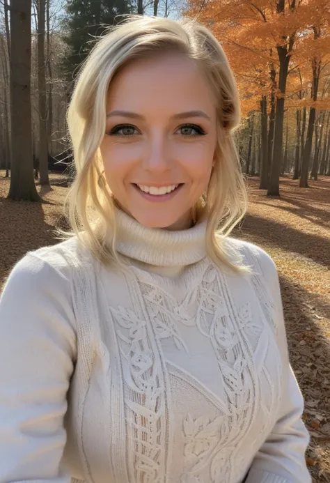 score_9, score_8_up, score_7_up,Shae,blonde hair,  wearing a fitted turtleneck sweater dress in a autumn forest, looking at viewer smiling
 <lora:ShaePonyv2:.8>