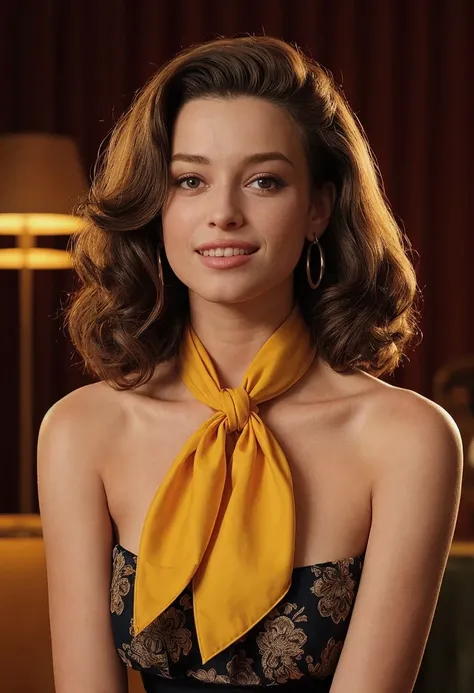 A classic Hollywood starlet poses languidly against a rich, dark backdrop, her soft, curly locks cascading down the nape of her neck. A vibrant yellow silk scarf wraps elegantly around her neck, evoking the iconic styles of vintage Vogue magazines. The mid...