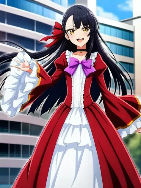 masterpeace,
from side, standing
<lora:Wi_Ali_241107326:1>Wi_Ali,1girl,solo, red dress, long hair, black hair, purple bow, purple bowtie, bow, long sleeves, long dress,  wide sleeves,White frills,  ribbon, hair ribbon, yellow eyes, bowtie, bangs, braid, ch...