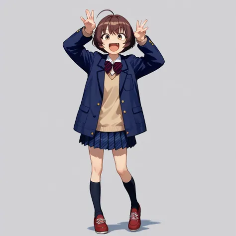 score_9, score_8_up, score_7_up, akakoonigashima, 1girl, (fullbody), school uniform, jacket, short hair, brown eyes, ahoge, happy, one fang